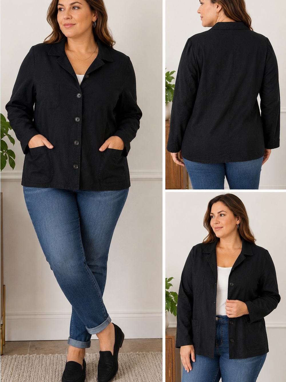 Studio Ease Woman Black Linen Blend Button Front Jacket Size 20W